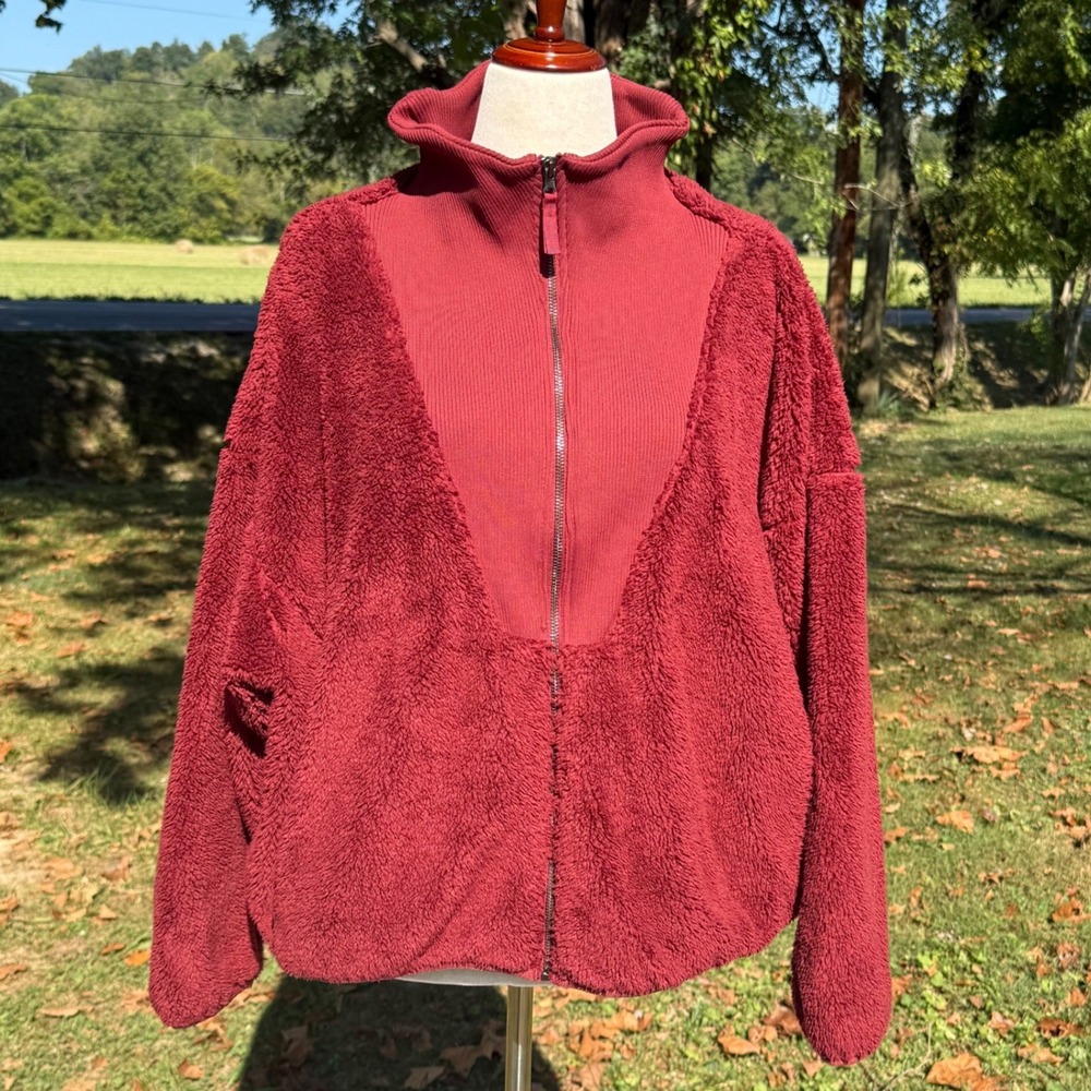All in Motion Womens XXL Sherpa Fleece Full Zip Jacket Burgundy Red Hybrid Rib